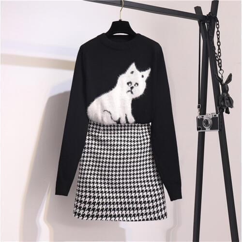 Two Piece Women Set Faux Fur Cat Patchwork Knitted Sweater + High Waist Houndstooth Tweed Mini Skirt Set Spring Sets Women