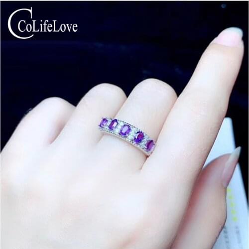 CoLife Jewelry 100% Natural Amethyst Silver Ring for Office Woman 5 Pieces Amethyst Jewelry 925 Silver Amethyst Ring