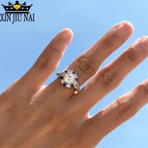 2018 HOT SELL 925Silver Forever Clear AAA Blue CZ Circle Round Finger Rings for Women Jewelry moissanite sapphire ring