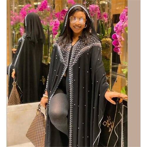 Muslim Kaftan Abaya Dress Kimono Women Dubai Open Abayas Turkish Stones Chiffon Hooded Dress Elegant African Plus Size Boubou
