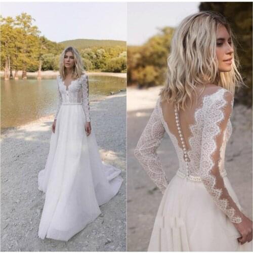 2021 Boho Wedding Dress Long Sleeve A-Line Lace Appliques Tulle V-Neck Robe De Mariee Charming For Women Vintage Rustic Civil