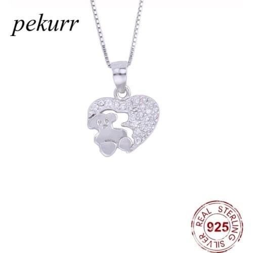 Pekurr 925 Sterling Silver Broken Crystal Heart Bear Necklace For Women Zircon Vintage Heart Pendants Cartoon Fashion Jewelry