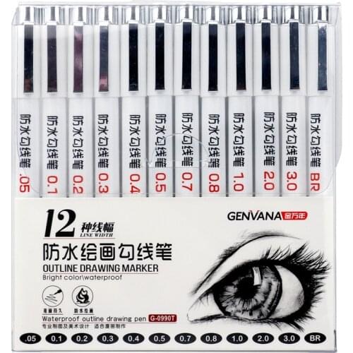 12 PCS Black Pigma Micron Pen Waterproof Hand-Drawn Design Sketch Needle Pen and Dawing Liner Fineliner Cartoon Signature Pen