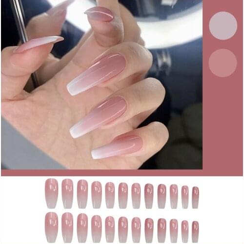 24Pcs/Set Glossy Ombre Pink Nude White French Ballerina Coffin False Nail Gradient Natural Press On Ballet Reusable Fake Nails