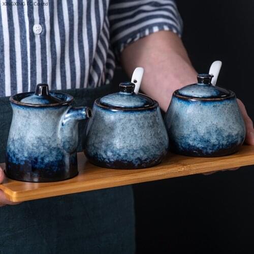 Ceramic Household Kitchen Seasoning Pot Oil Pot Salt Spice Creative Seasoning Box Simple Kitchen Utensil Set Ceramic Tray
