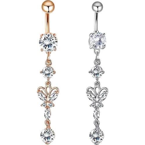 Butterfly Steel Belly Bar Button Ring Body Piercing Zircon Rhinestone Crystal Heart Barbells Navel Belly Body Piercing