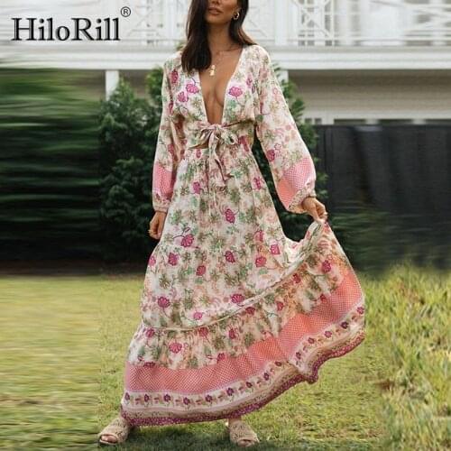 HiloRill Boho Beach Floral Print Two Piece Set Women Long Sleeve Bow Lady Cropped Tops Pleated Long Skirt Summer Ensemble Femme