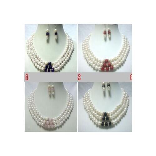 3rows 7-8mm white freshwater pearl&coral agate jade necklace earring set 17-19