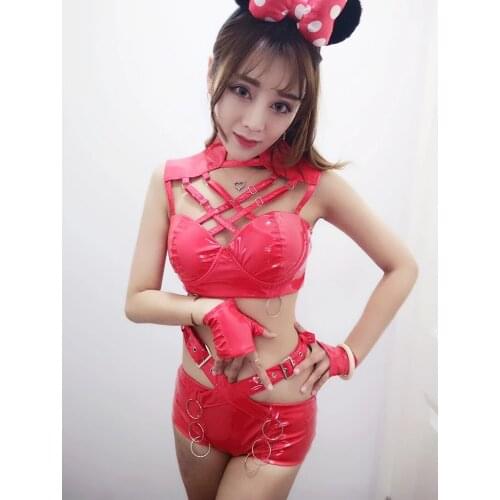 PU Leather Bandage Tops Pants 3 Pieces Set Sexy Women DJ Singer Dance Team Jazz Performance Costume Nightclub Stage Wear Outfit