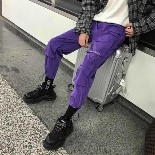 Men Streetwear Cargo Pants 2021 Fall Male Baggy Hip Hop Joggers Overalls Pockets Purple Casual Sweatpants Korean Pantalon Homme