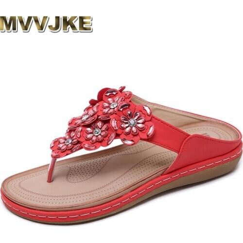 MVVJKE New 2021 Women Sandals Bohemian Rhinestones Flower Beach Flip Flops Large Size Comfortable Flat Shoes Women