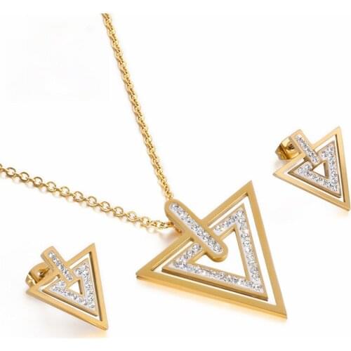 Stainless Steel Jewelry Sets For Women Zircon Double Triangle Pendant Necklaces & Earrings Sets Women Wedding Jewelry Gift