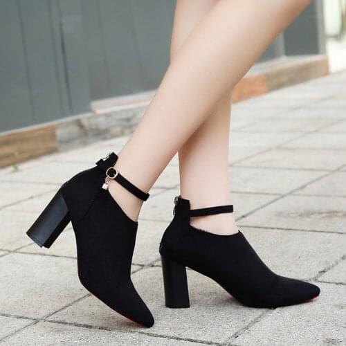 New Autumn Winter Sexy Buckle High Heels Shoes Mid-heel Thick-heel Zipper Womens Ankle Boots Fashion Single Shoes Dress Shoes