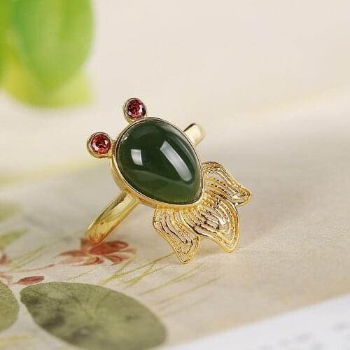 Original S925 Sterling Silver Hetian Jade Green Jade Year Fish Goldfish Ring Rings Ring Open Personalized Design Ring