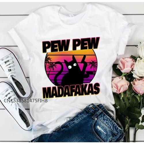 Pew Pew Madafakas Print T-Shirt Women Murderous Black Cat With Gun Funny T Shirt Halloween Premium Tops Tees Femme Basic Tshirt