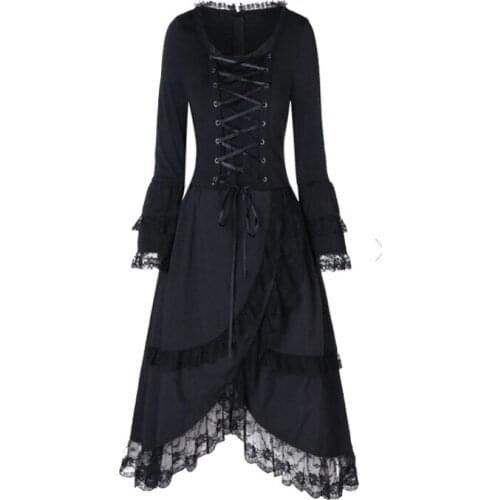 Mediaeval Retro Womens Bandage Lace Ruffled Layered Midi Lolita Dress Gothic Renaissance Victorian Halloween Cosplay Costumes