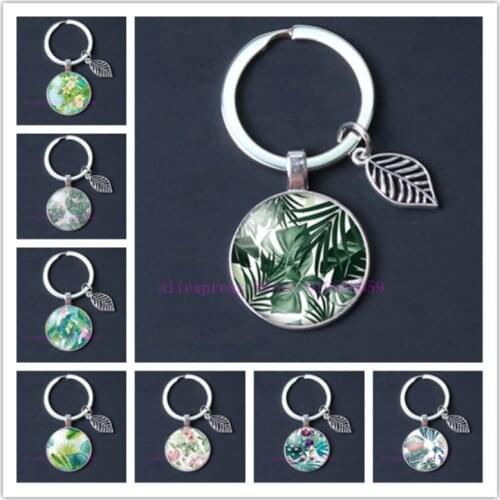 Tropical Green Plant Leaf Round Glass Keychain Leaves Glass Cabochon Dome Key Ring Leaf charm Keychain Jewelry Findings Gift