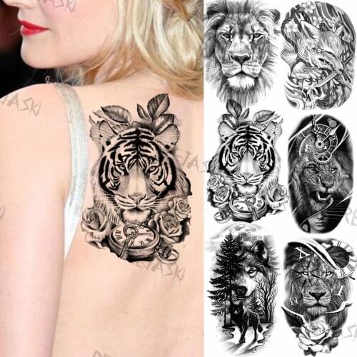 Tiger Compass Rose Temporary Tattoos For Women Girls Realistic Lion Fox Compass Forest Wolf Fake Tattoo Sticker Back Tatoos Arm