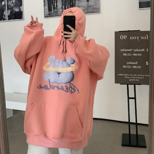 Japan Autumn Female Loose Long Sleeve Bear Special Tops Loose Hoodie Sweatshirts Cartoon Couple BF Fashion Women Sweatshirt