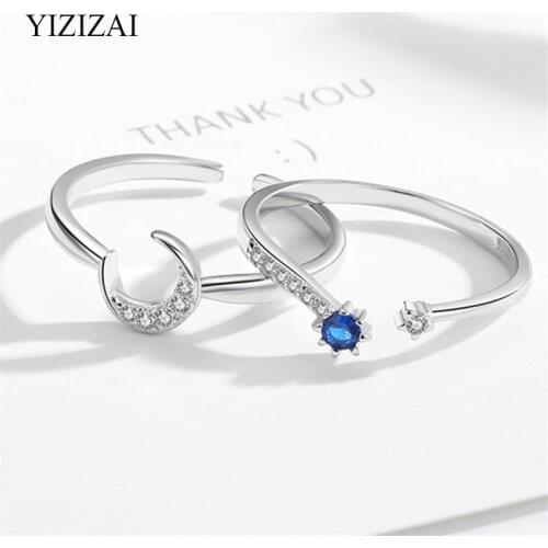 YIZIZAI Couple Moon Star Open Finger Ring Blue Zircon Embellished Silver Color Jewelry For Women Gifts Adjustable