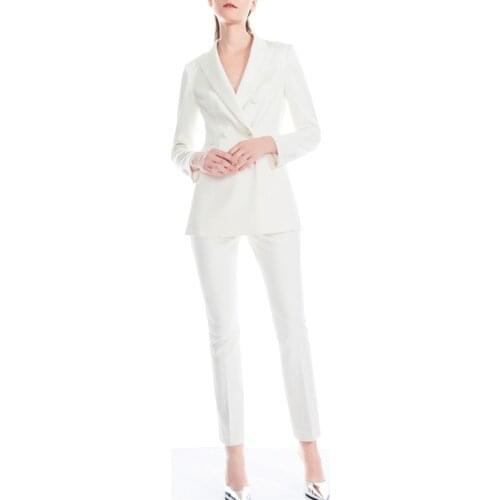 Ladies Pant Suits 2 Pieces Set Female Double Breasted Blazer & High Waist Slim Suit Pants Office Lady Wear Womens Blazer Set