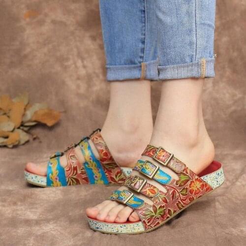 YourSeason Ladies Genuine Leather Summer Outside Shoes Hand Painted Flat With Handmade Female Slides Slippers National Style