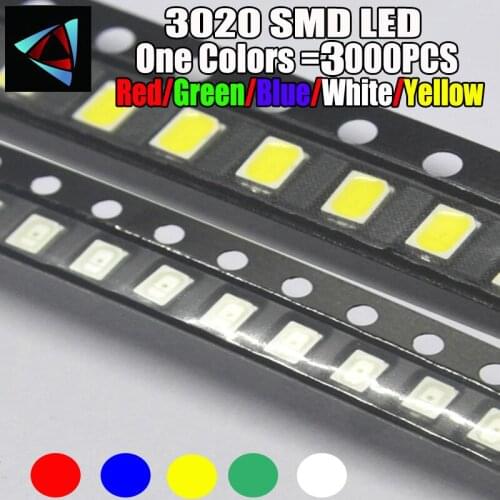 3000PCS 3020 SMD LED Diode Light-Emitting Red Yellow Blue Green White Warm Pink ICE Purple Cold Orange Super Bright