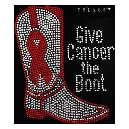 Free shipping Hotfix Rhiestone Transfer design image fo shirt give cancer the boot red with white clear crystal