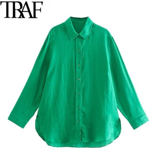 TRAF Women Fashion Loose Linen Asymmetric Green Blouses Vintage Long Sleeve Button-up Female Shirts Chic Tops
