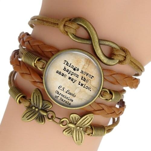 Chronicles of Narnia Quote Glass Cabochon Bracelet Punk Woven Leather Bracelet Bangle Infinity Jewelry for Men for Women