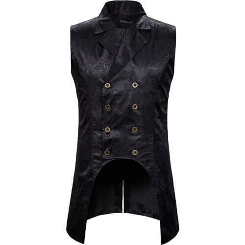 Black Lapel Collar Sleeveless Waistcoat Men Double Breasted Steampunk Gothic Paisley Jacquard Vest Men Gilet Homme Costume XXL
