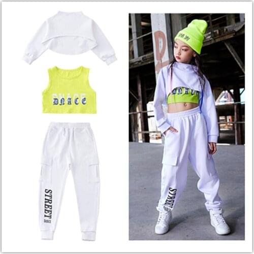 Hip Hop Costumes Children White Street Dance Outfit Girls Jazz Clothes Kids Cheerleading Modern Stage dance Performance Wear