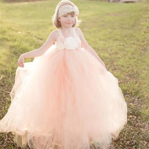 Girls Peach Flower Tutu Dress Kids Crochet Dress Ball Gown with Lace Strap and Hairbow Children Birthday Party Costume Dresses