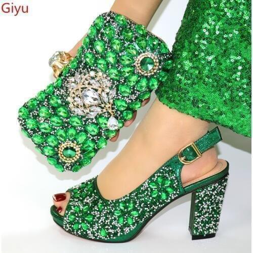Doershow New Arrival Shoes and Bag Set African Sets 2020 green Nigerian Women Shoes and Matching Bags Set for wedding!HJL1-4