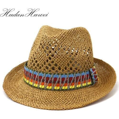 Spring Summer Men Outdoor Travel Sun Protection Hand-Woven Jazz Summer Caps for Beach Women Sun Hat Adjustable