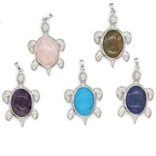 KFT Natural Amethysts Rose Pink Quartz Tiger Eye Stone Lapis Lazuli Crystal Tortoise Shape Stone Pendant Animal Jewelry