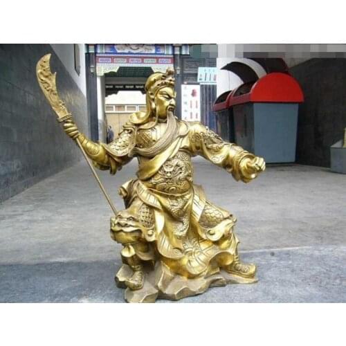 Chinese Pure Brass Copper refined Dragon Guan Gong Guan Yu warrior statue