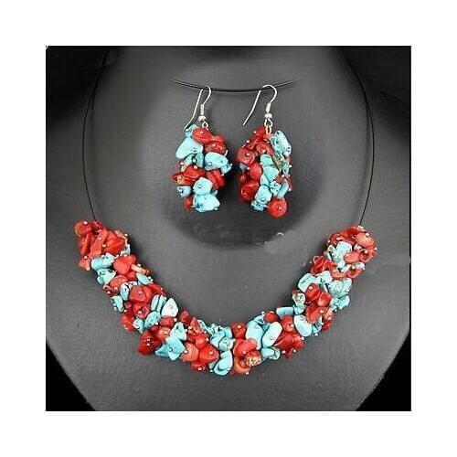 New Arrival Unique Gemstone Necklace Earrings Jewelry Set Baroque Red Coral Blue Turquoise Handmade Fine Jewelry For Women