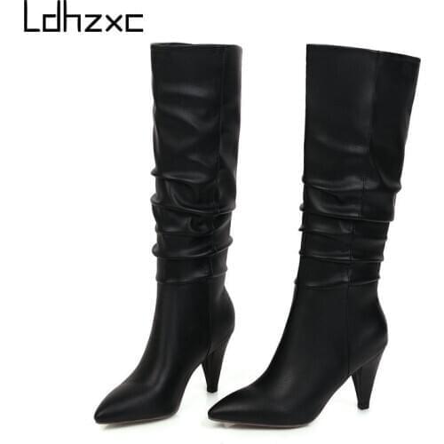 LDHZXC 2020 Winter New Arrive Fashion Faux Suede Knee High Boots High Heels Pointed Toe Western Boots for Woman Big Size 34-43