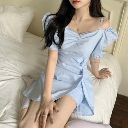 Hstar 2021 Summer Kawaii Dress Women Irregular Blue Korean Sexy Party Mini Dresses Off Shoulder Chic Sweet Cute Sundress