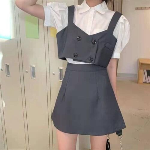 2021 Summer College Three-piece Korean Chic Puff Sleeve Shirt + Sling Short Vest High Waist Skirt