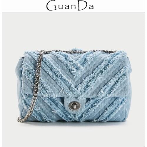 Fashion Women Denim Chain Shoulder Messenger Bag Female Blue Jeans Tassel Totes Purse Flap Handbag New V Thread Lady Sling Bag