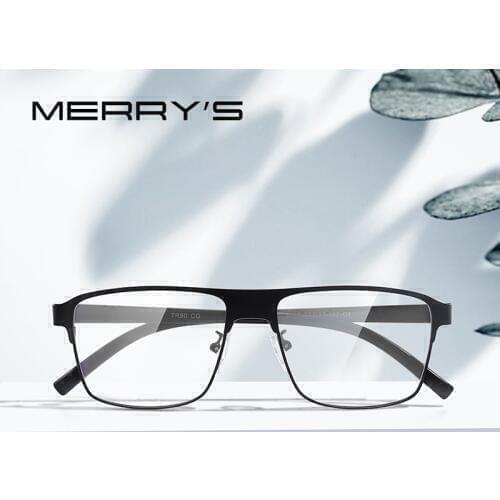 MERRYS Men Titanium Alloy Glasses Frame Square Ultralight Male Eye Myopia Prescription Eyeglasses TR90 Legs S2002