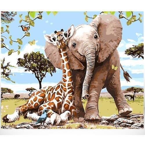 Giraffe With Elephant Animal DIY Digital Painting By Numbers Modern Wall Art Canvas Paint Holiday Gift Home Decor Big Size