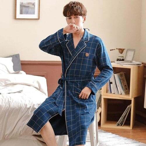 Mens Pajamas Cotton Plaid Robe Handsome Homewear Male Robes Long Bath Robe Sleepwear Dressing Gown Spring Nightgown Loungewear