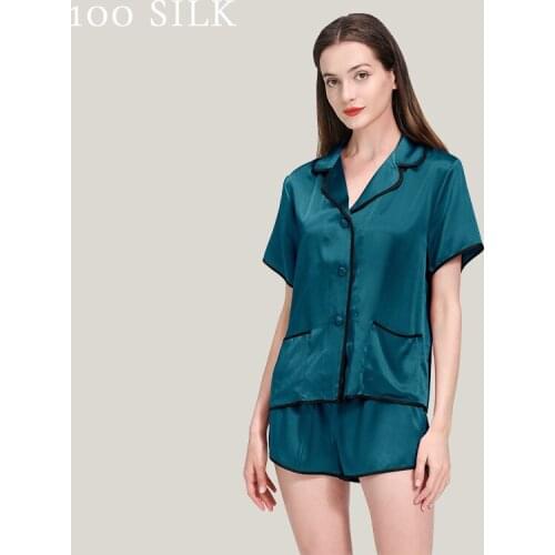 22MM silk pajamas suit Women Summer Autumn new style 100% mulberry silk pajamas Short ladies V-neck home service women