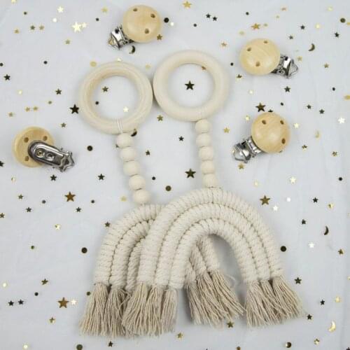 28EC Baby Teether Crochet Wood Rring Rattle Baby Teething Ring Rainbow Wooden Boho Baby Teether Stroller Toys Shower Gift