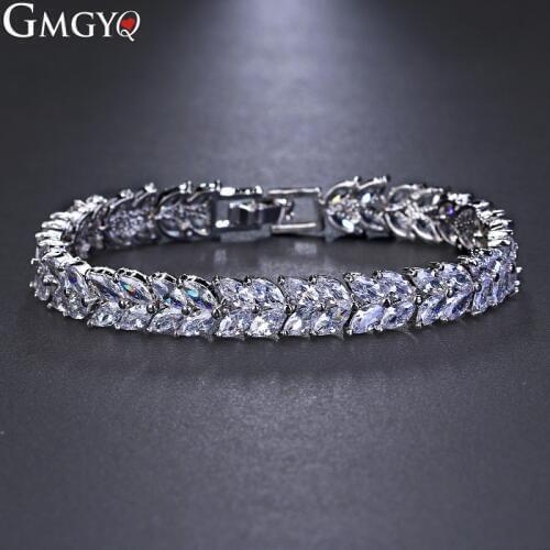 GMGYQ Cubic Zircon Luxury Wedding Fashion Accessories Crystal Elements White Bracelet Leaf Shaped Bride Jewelry Gift for Women