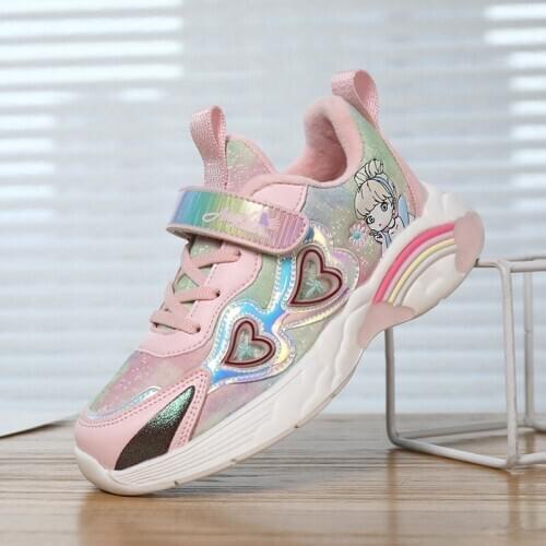 Sport Girls Sneakers Children Shoe Kids Sneakers Girls Shoe Cartoon Short Fur Lining Student Cotton Fabric Rainbow Shiny Fashion