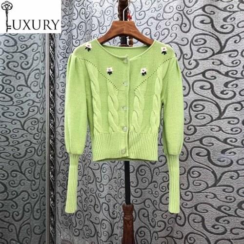 Sweater High Cardigans Quality 2020 Autumn Casual Knitwear Women Twist Knitting Flower Deco Long Sleeve Green Tops Coat Cardigan